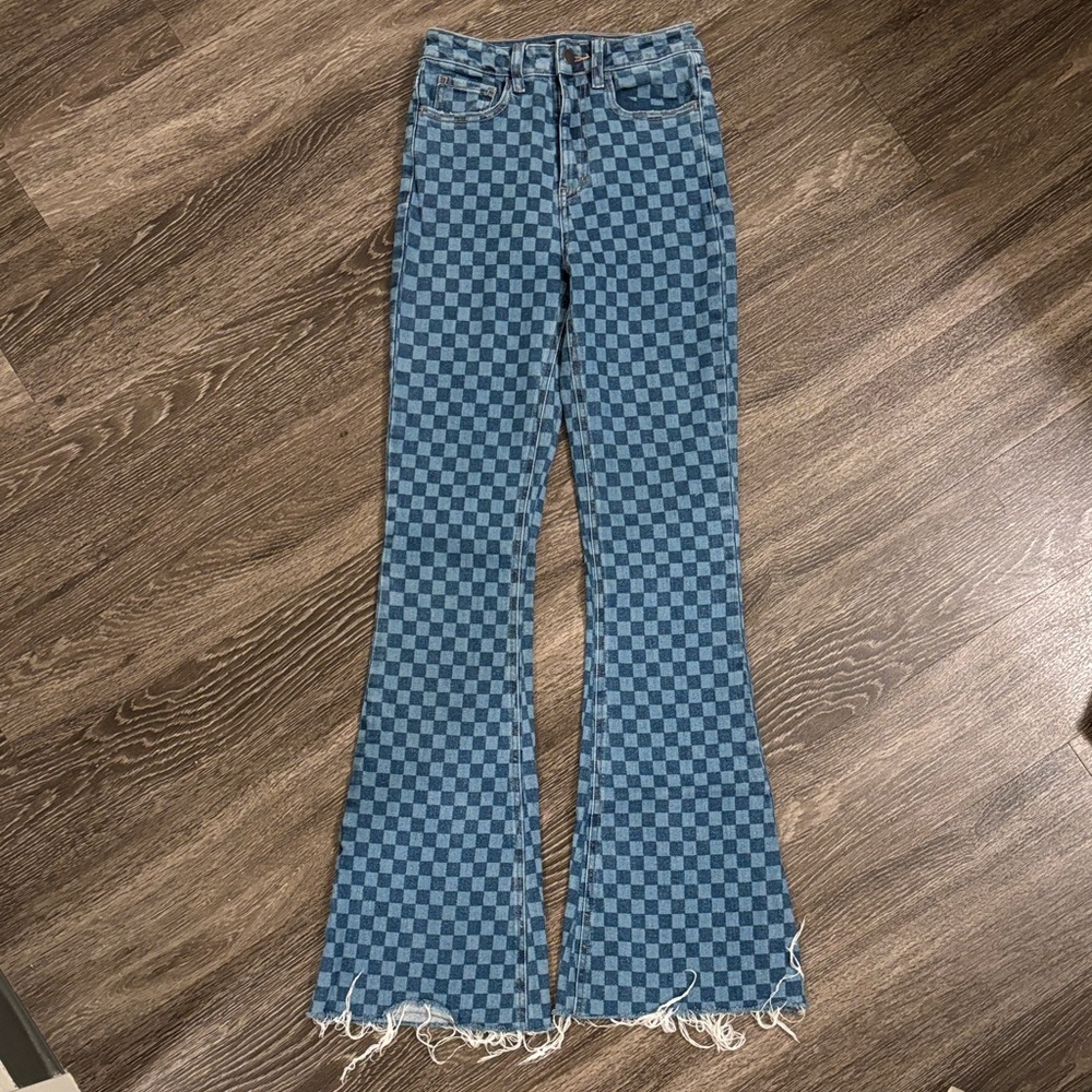 Fashion Nova Blue Checkered Flare Pants